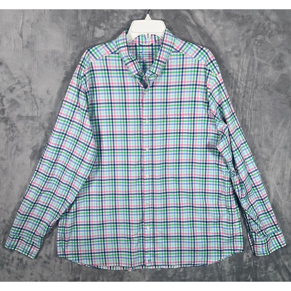 Vineyard Vines On The Go Performance Shirt Mens 2XL Button Down Blue Green Plaid